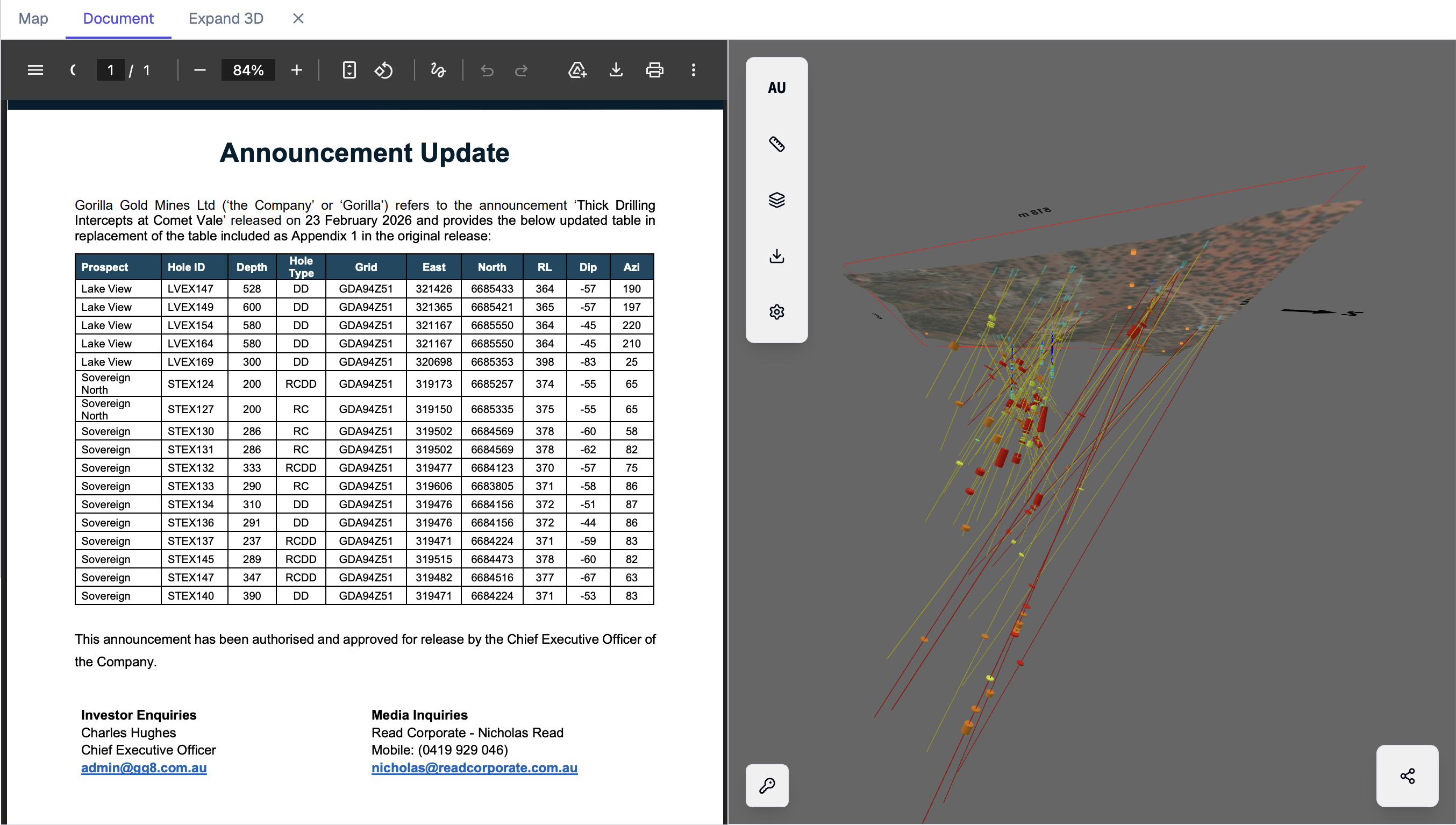 ASX PDF drill table vs same data auto-plotted in 3D viewer