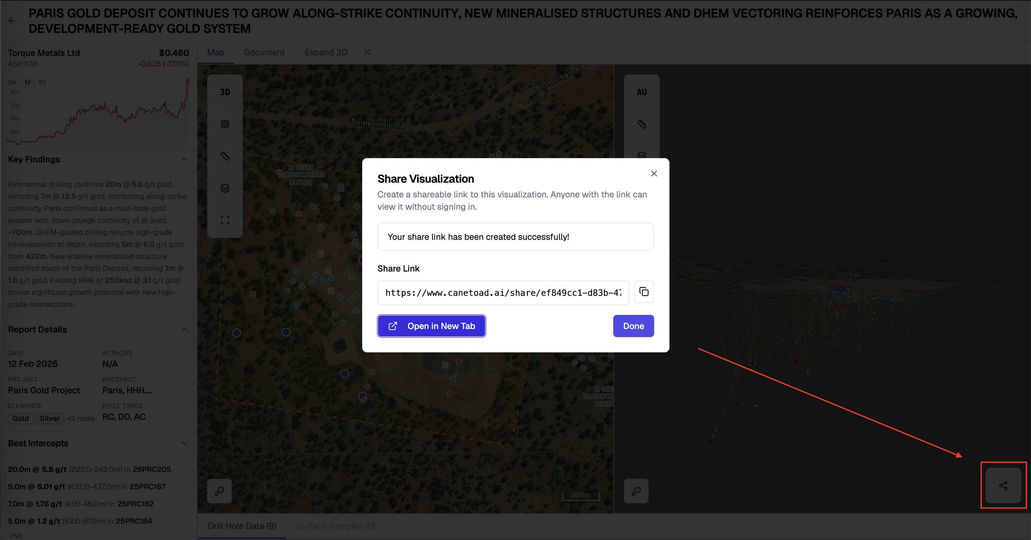 Shared 3D geology view with saved camera angle and filters